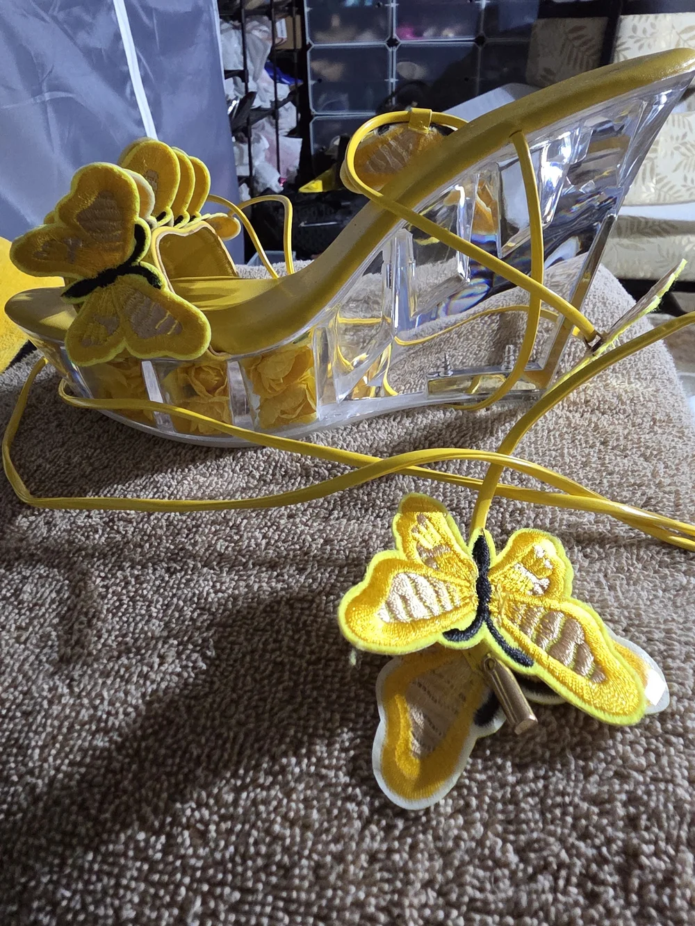 Yellow Butterfly Lace-Up Wedge Sandals
